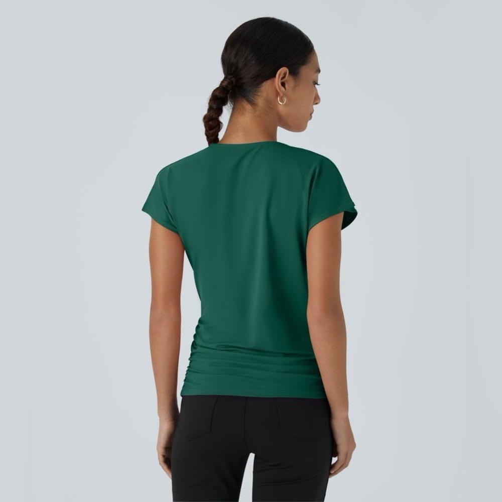 Halara V Neck Cap Sleeve Crossover Ruched Solid Work Blouse small - Picture 2 of 7